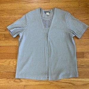 Notations Top Women’s Large Gray Ribbed Shirt Embroidered Neckline Button Detail